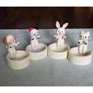 Tea Light Candle Holder Set Bunny Puppy Dog Cat Set Of 4